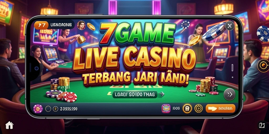 Screenshot 7GAME menampilkan dealer langsung dalam suasana kasino yang dinamis.