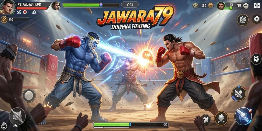 Tampilan gameplay seru dalam pertarungan JAWARA79.