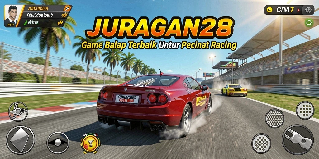 Tangkapan layar gameplay JURAGAN28 dengan mobil balap di lintasan.