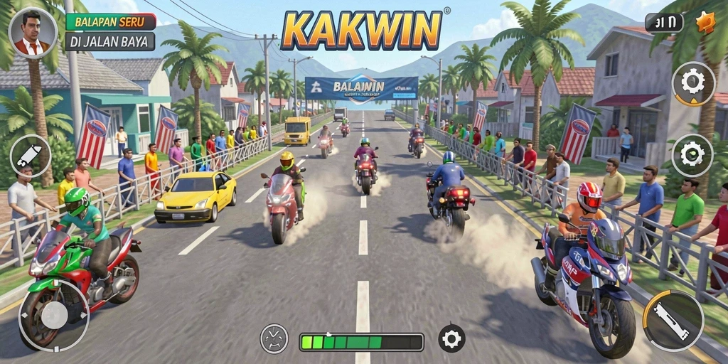 Gameplay KAKWIN yang mendebarkan dengan mobil balap.