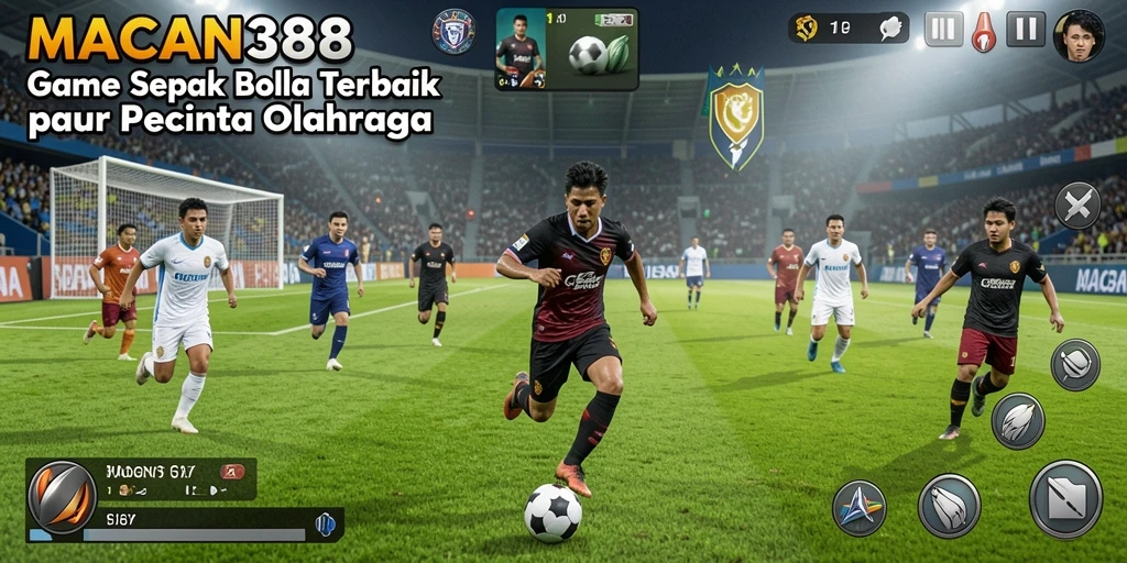 Tampilan aksi seru dalam gameplay <strong>MACAN388</strong> yang menggambarkan pertandingan sepak bola.