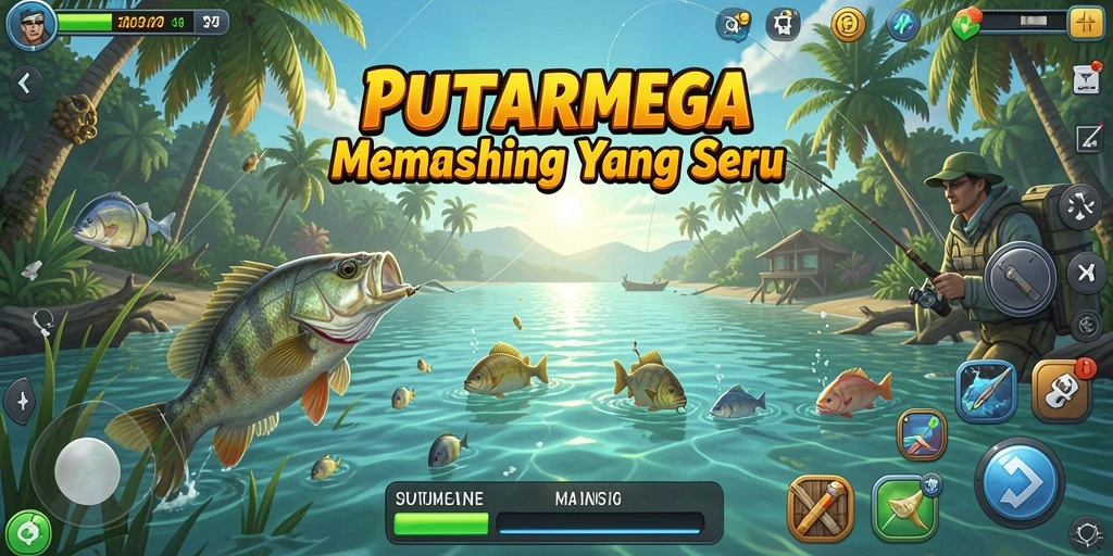 Tampilan gameplay PUTARMEGA yang menarik saat memancing di danau.