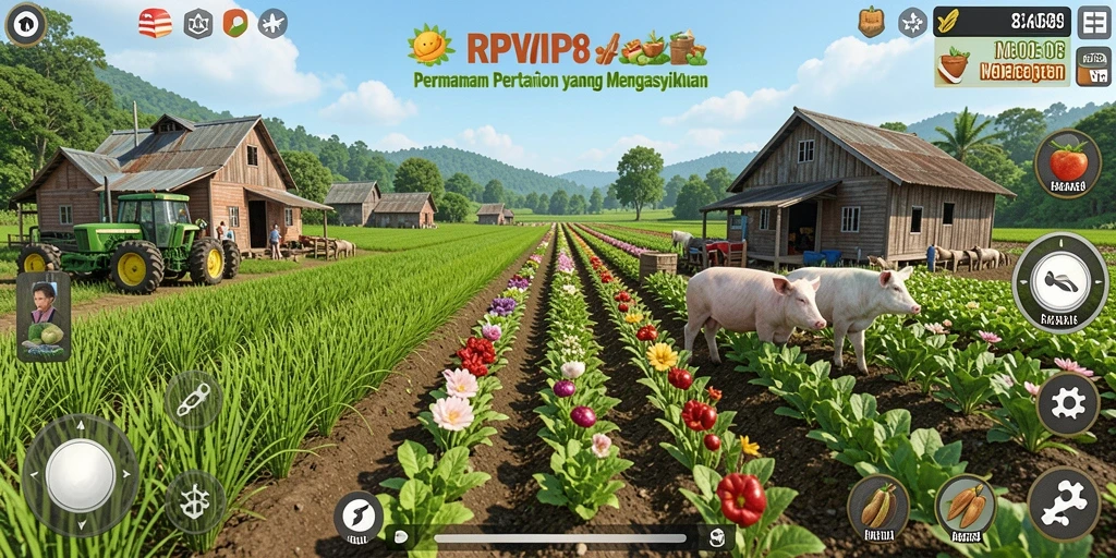 Tangkapan layar utama RPVIP8 menampilkan aktivitas bertani yang menyenangkan.